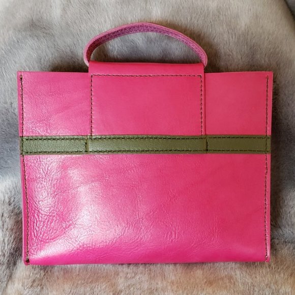 Pink and Olive Green Leather Top Handle Handbag - Picture 2 of 7